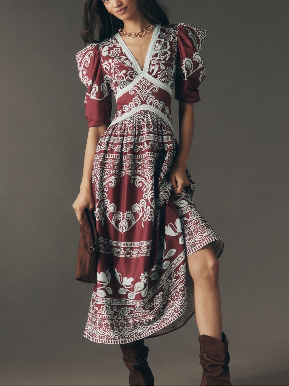 New FARM Rio x Anthropologie Plum Printed V-Neck Puff Sleeve Maxi Dress
